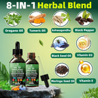Oil of Oregano with Black Seed Oil | 8 in 1 Organic Oregano Oil Drops with Ashwagandha, Moringa & Turmeric | Natural Herbal Supplements for Immune Support & Stress Relief | Vegan Friendly, 2 Fl Oz