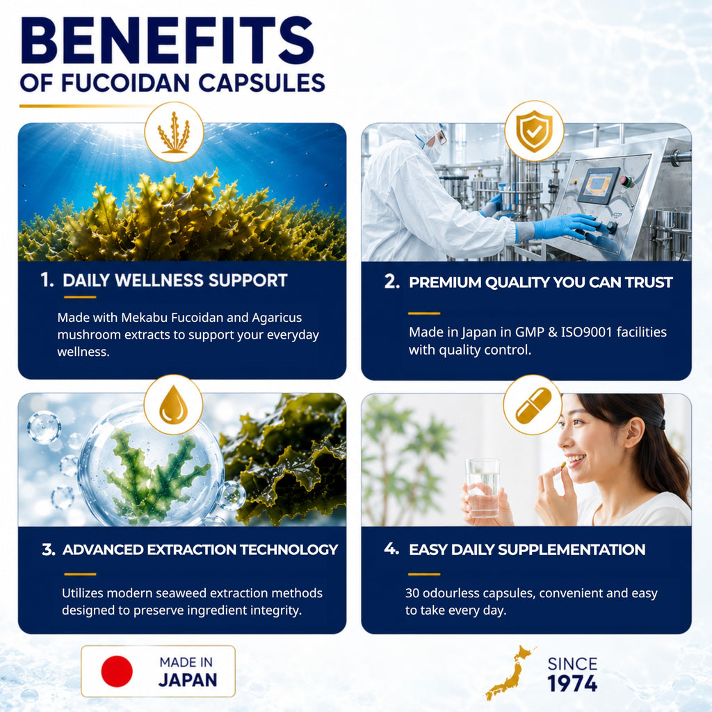 FINE JAPAN Fucoidan Capsules with Mekabu Seaweed & Agaricus Mushroom - 30 Capsules - Immune Support Supplement - Made in Japan - GMP, ISO9001 Certified