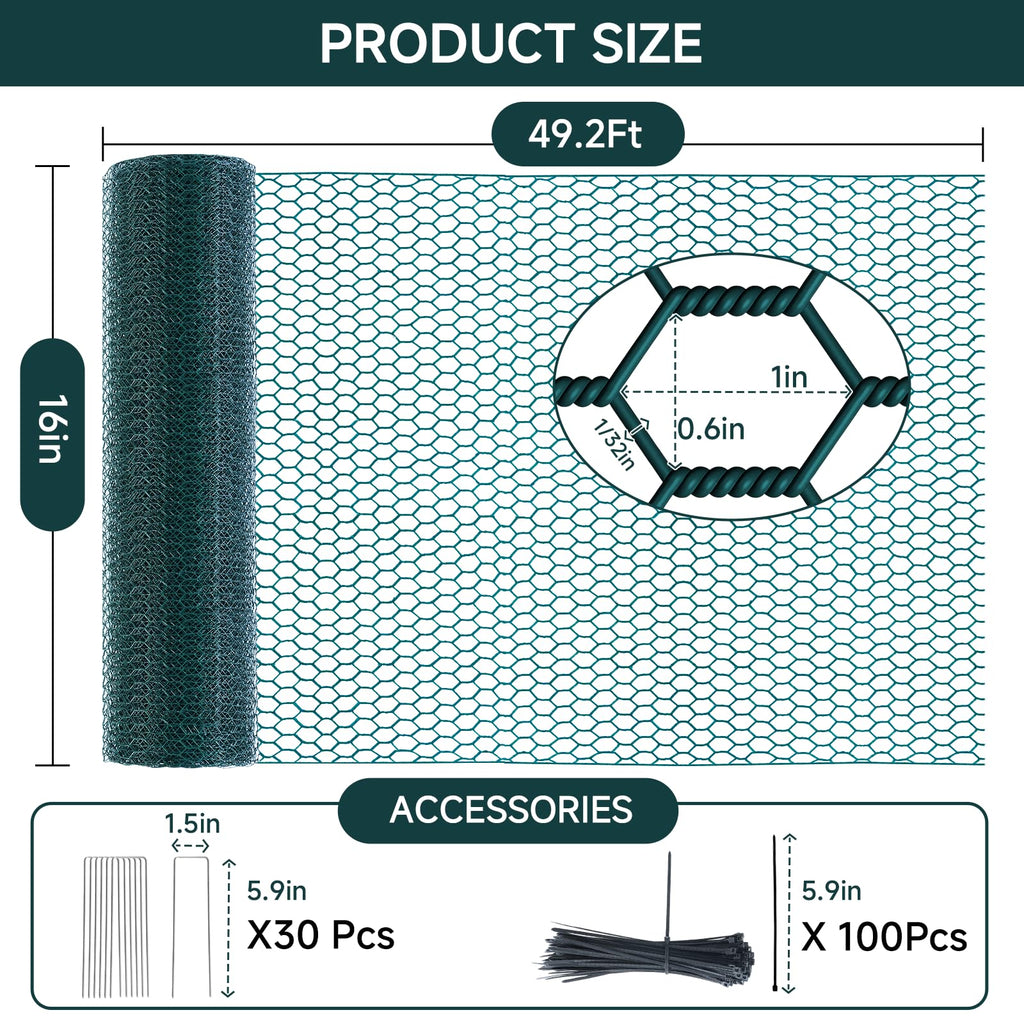 16in X 49.2Ft Chicken Wire Fencing Plant Protectors from Animals Green Roll