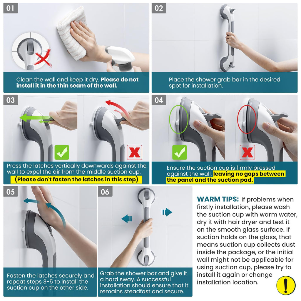 TAILI Shower Grab Bar 16 Inch Suction Cup Grab Bars for Bathroom, Removable Shower Safety Handle Heavy Duty Bathtub Grip for Seniors & Elderly, Strong Handrails No Drilling Waterproof, Grey