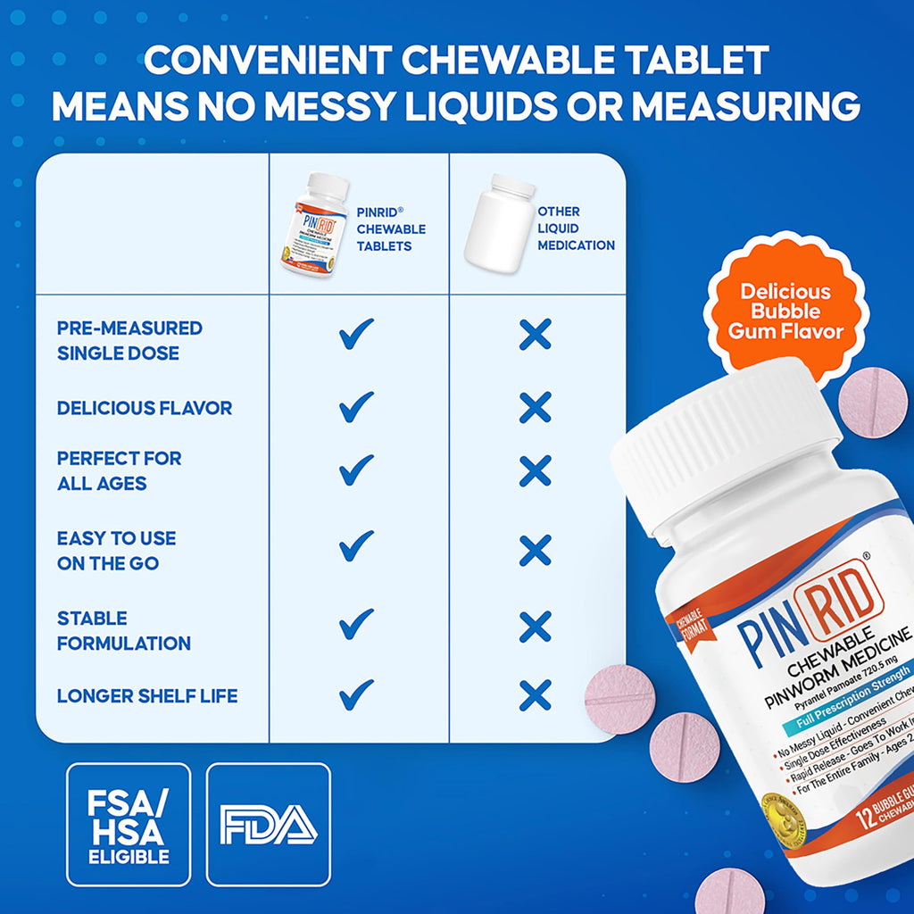 PIN RID - Pinworm Medicine for Family 2+, Bubble Gum Chewable Tablets (12 Doses) - 250mg Pyrantel Pamoate - Single-Dose Parasite Cleanse for Humans - Allergen Free