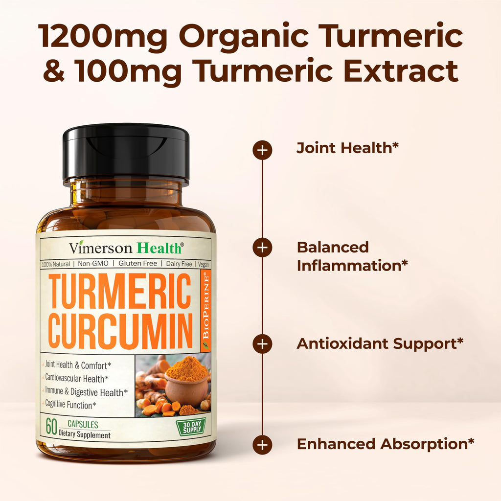 Turmeric Curcumin Supplement with Black Pepper Extract - High Potency Organic Turmeric 1200mg & 95% Curcuminoids for Joint & Digestive Health - Joint Support Supplement - 60 Vegan Curcuma Capsules