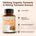 Turmeric Curcumin Supplement with Black Pepper Extract - High Potency Organic Turmeric 1200mg & 95% Curcuminoids for Joint & Digestive Health - Joint Support Supplement - 60 Vegan Curcuma Capsules