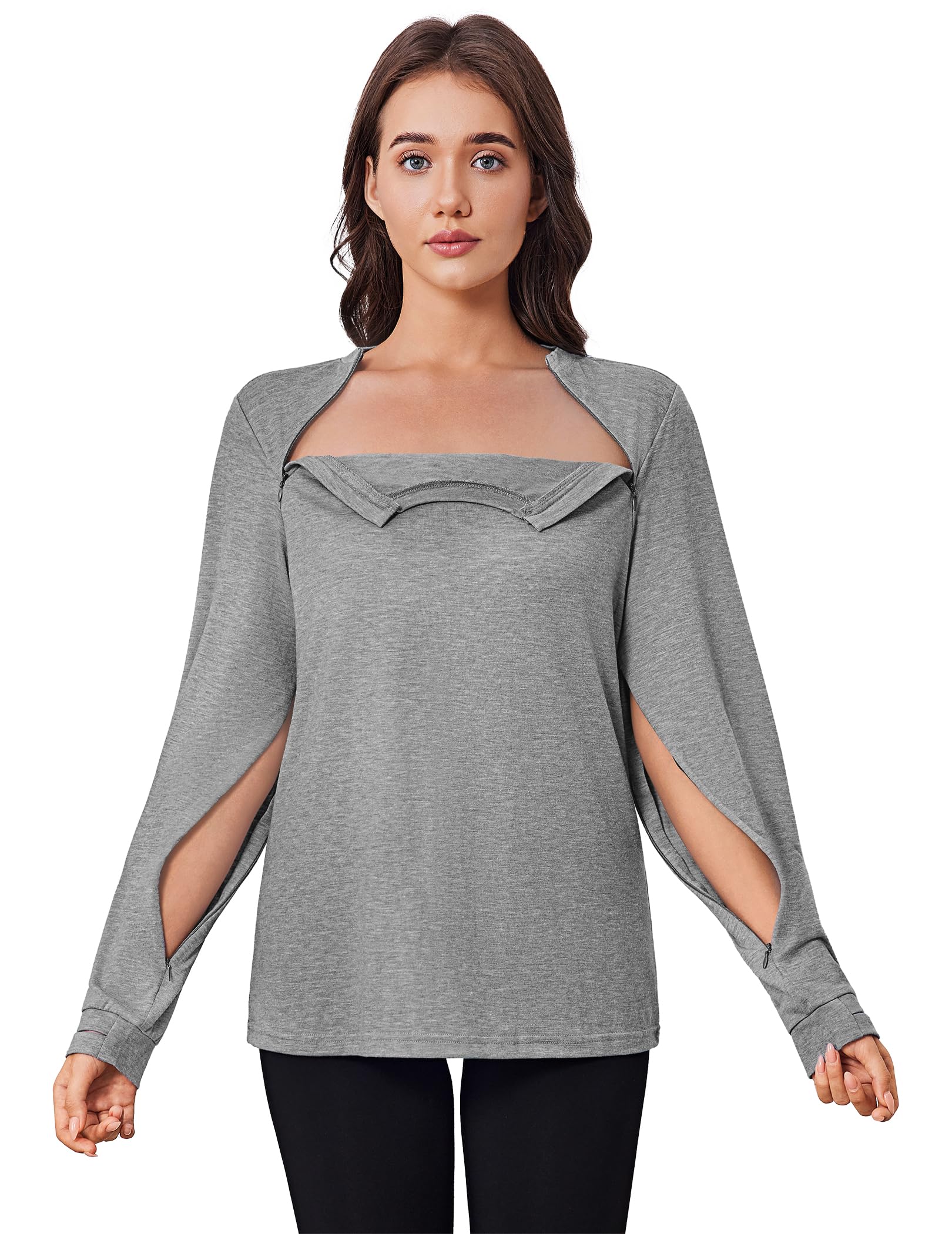 Deyeek Port Shirts for Women Chemo Patients Dialysis Sweatshirts with Arm Zipper Tear Away Long Sleeve Chemotherapy Must Haves Light Gray L