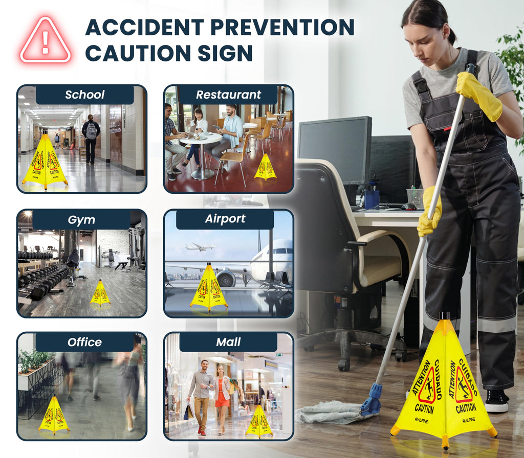 Alpine Caution Wet Floor Sign - Pop Up Slippery When Wet Sign, Wall Mounted Foldable Bilingual Yellow Safety Warning Caution Cone For Commercial & Office Use (20 Inches)