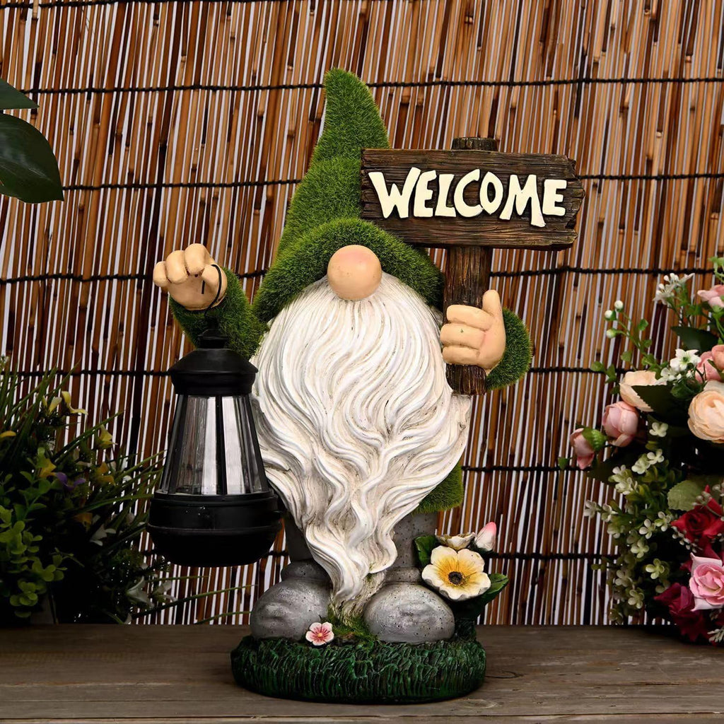 Meagkka Garden Gnome Statue Outdoor Decor Large Flocked Resin Gnome Figurine with Solar Light Holding Lantern Welcome Sign Garden Yard Decorations Dwarf Sculpture for Outside Patio Porch Lawn Decor.