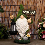 Meagkka Garden Gnome Statue Outdoor Decor Large Flocked Resin Gnome Figurine with Solar Light Holding Lantern Welcome Sign Garden Yard Decorations Dwarf Sculpture for Outside Patio Porch Lawn Decor.