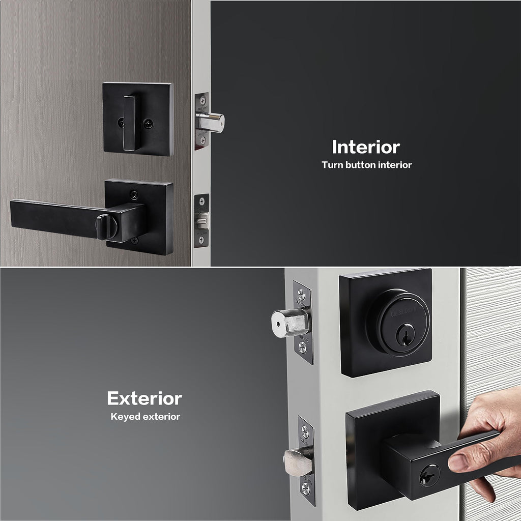 Front Door Lock Set Exterior Door Lock Set,Door Handle with Single Cylinder Deadbolt Lock,Keyed Alike Door Locks for Front Door(Matte Black,1Pack Set)