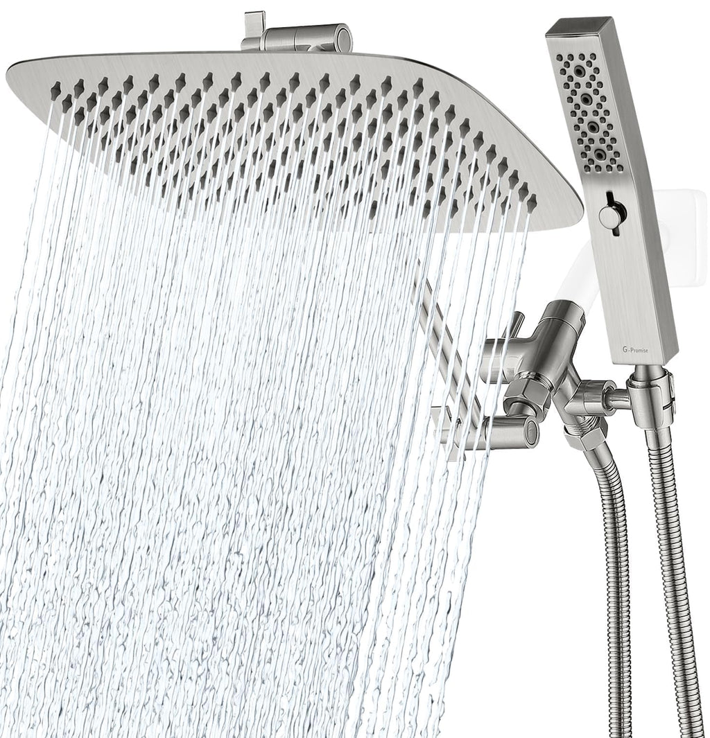 G-Promise All Metal 12 Inch Dual Square Shower Head with Handheld Spray Combo, Rain Shower Head, Adjustable Extension Arm, 3-Way Diverter, 71 Inch Extra Long Hose - A Bathroom Upgrade(Brushed Nickel)