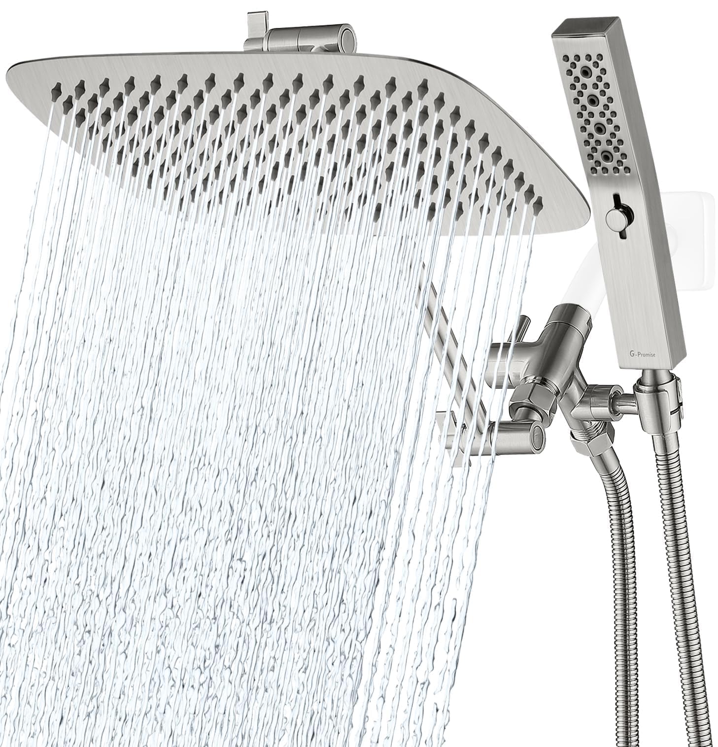 G-Promise All Metal 12 Inch Dual Square Shower Head with Handheld Spray Combo, Rain Shower Head, Adjustable Extension Arm, 3-Way Diverter, 71 Inch Extra Long Hose - A Bathroom Upgrade(Brushed Nickel)