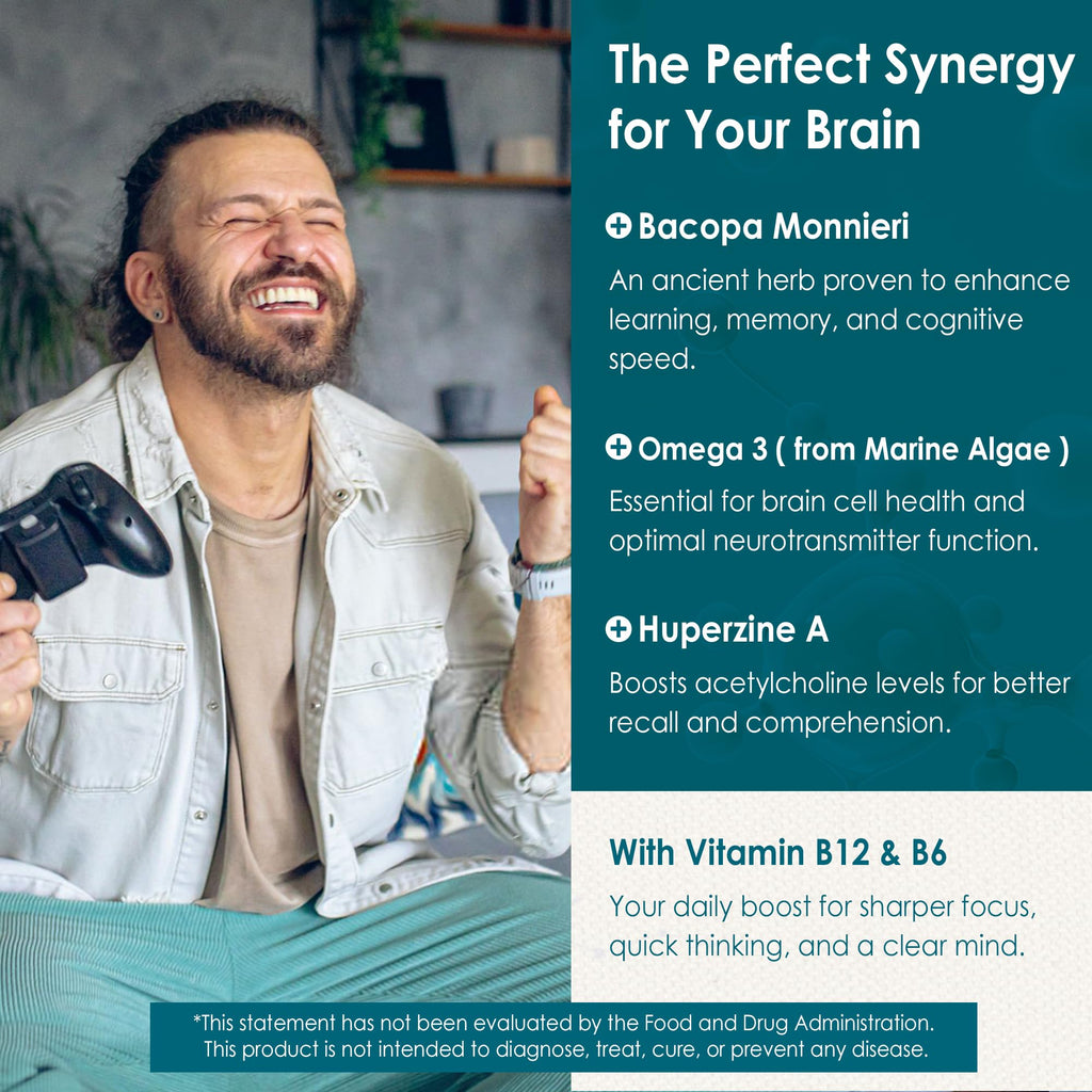 Phosphatidylserine - Nootropic Brian Supplement, Focus & Energy Gummies + Bacopa Monnieri, Omega 3, Huperzine A, Methyl B12 & B6 for Seniors, Gamers, Workers, Non-GMO, Caffeine-Free, Sugar Free,60 Cts