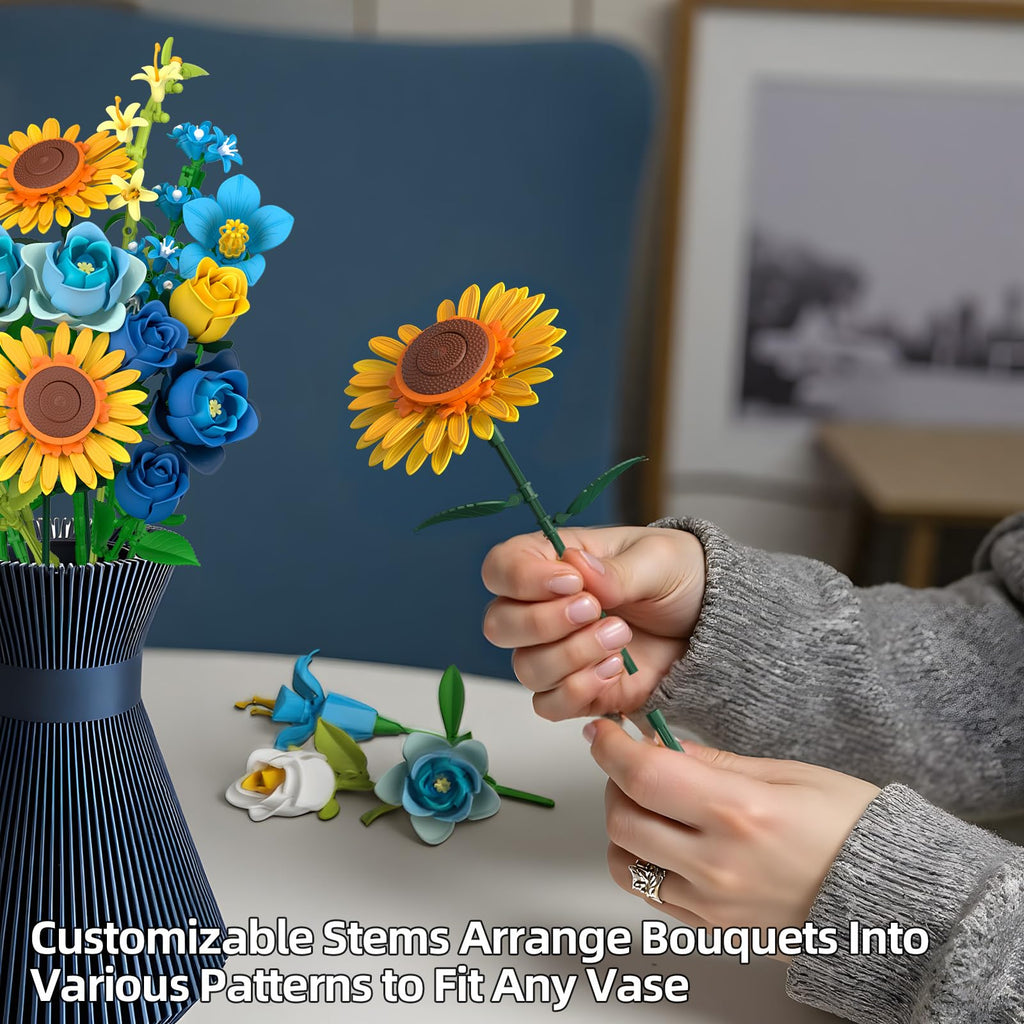 Blue Rose Flowers Valentines Gifts - Bouquet Building Set Compatible with Lego Flowers for Adults Women, Van Gogh's Starry Night and Sunflowers Style, Christmas Mother's Day Home Decor