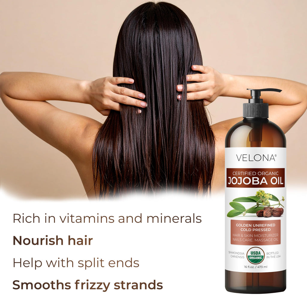 velona Jojoba Oil USDA Certified Organic - 16 fl oz (With Pump) | 100% Pure and Natural | Golden, Unrefined, Cold Pressed, Hexane Free | Moisturizing Face, Hair, Body, Skin Care