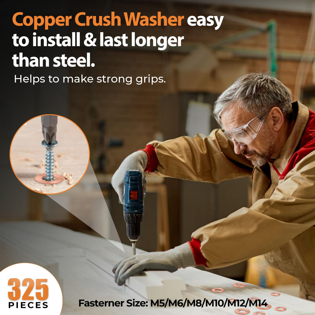 325 PCS Crush Copper Washers Assortment Kit; 10 Size Flat Sealing Copper Washers (M5-M14) for Electronic, Automotive, Motorcycles, Marine and Mechanical Use