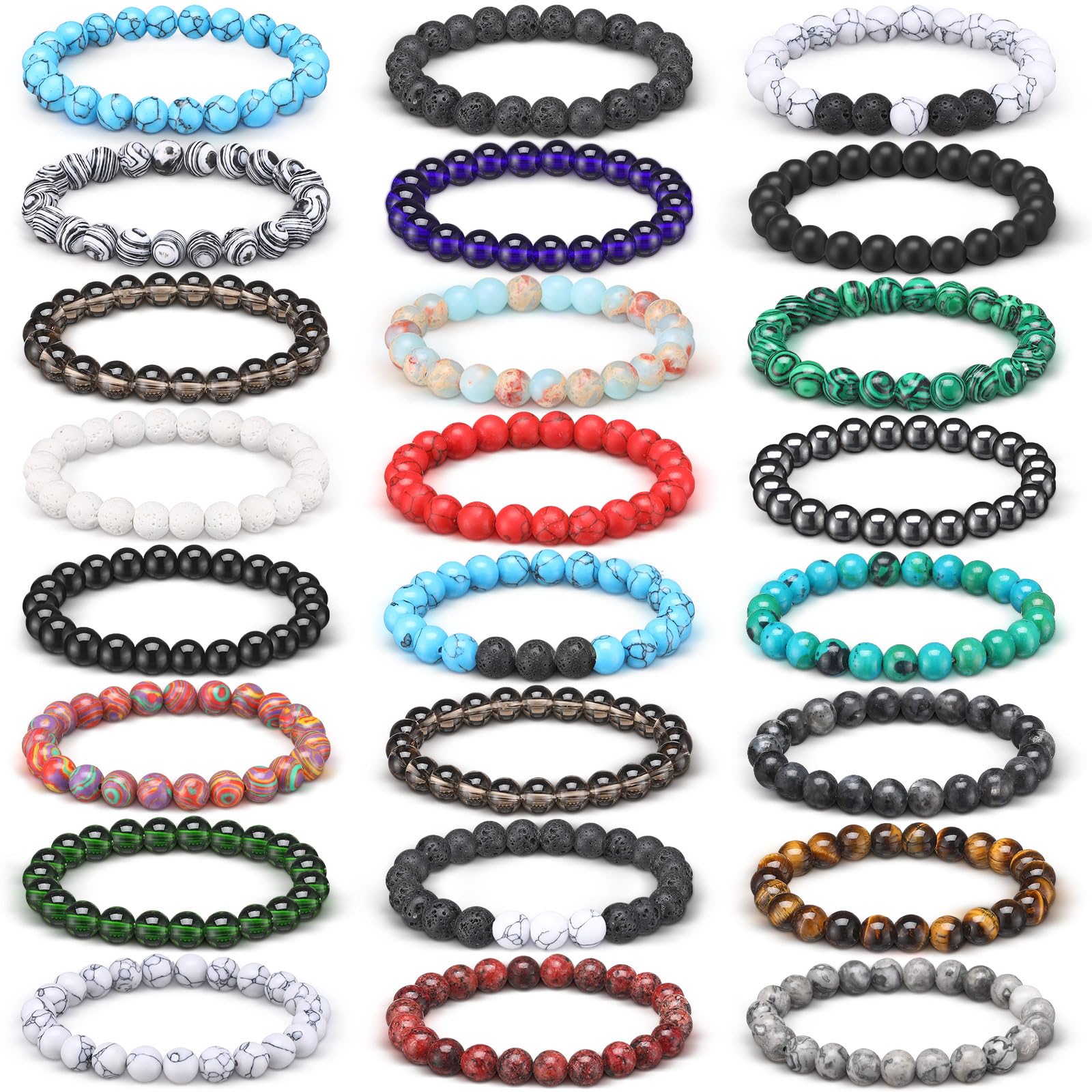 Landical 24 Pcs 8 mm Gemstone Beaded Bracelets for Women & Men, Classic