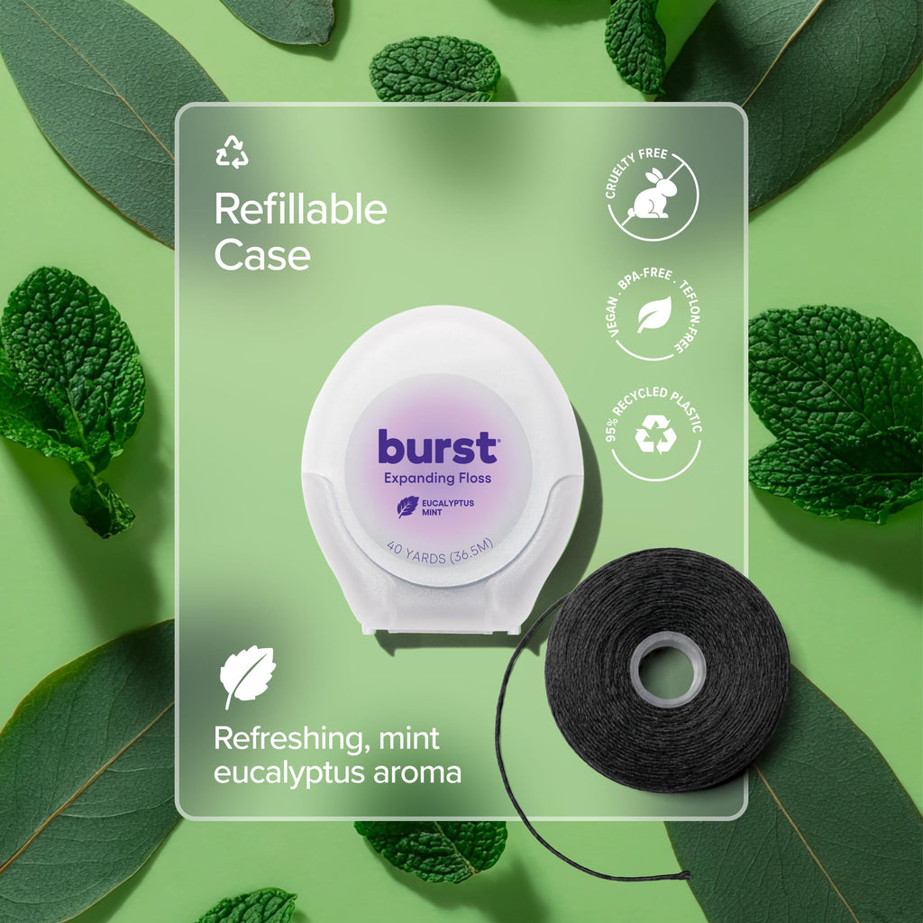 BURST Expanding Dental Floss (Mint Eucalyptus/40 Yards) | Stain Absorbing & Woven Tooth Floss with Xylitol Coating to Fight Cavities | Vegan | Paraben Free Expanding Floss