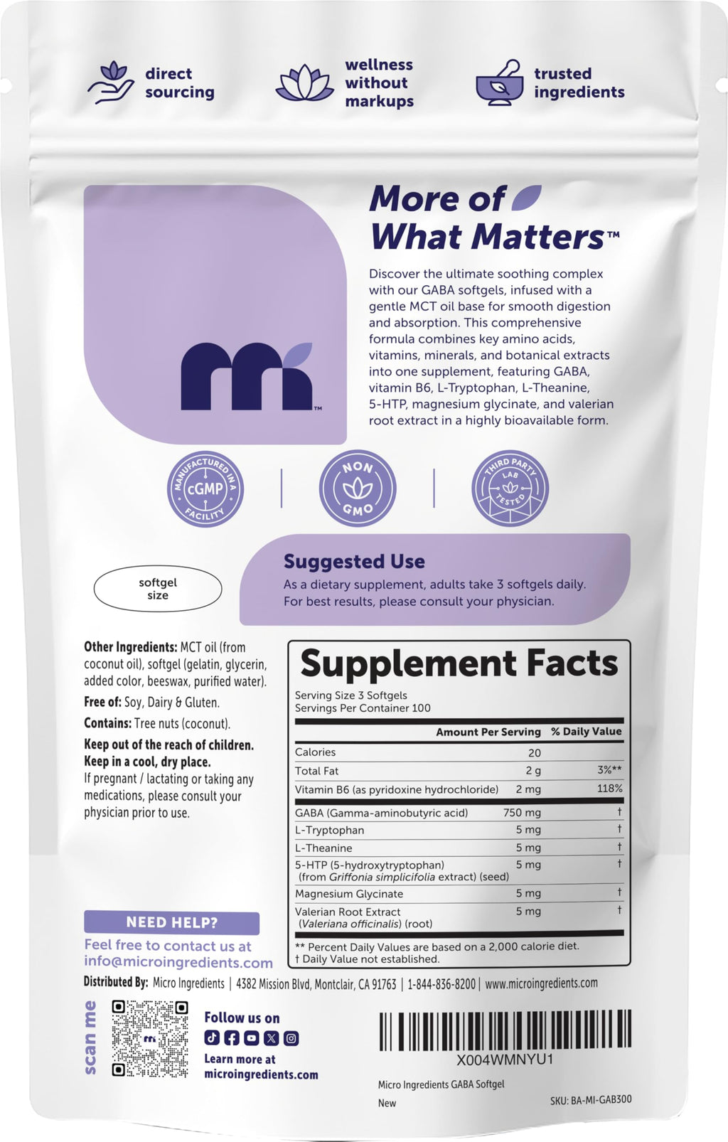 Micro Ingredients GABA 750 mg with MCT Oil, 300 Softgels | Gamma Aminobutyric Acid with Vitamin B6, 5-HTP, L-Theanine, L-Tryptophan & Magnesium Glycinate | Non-GMO, cGMP Manufactured
