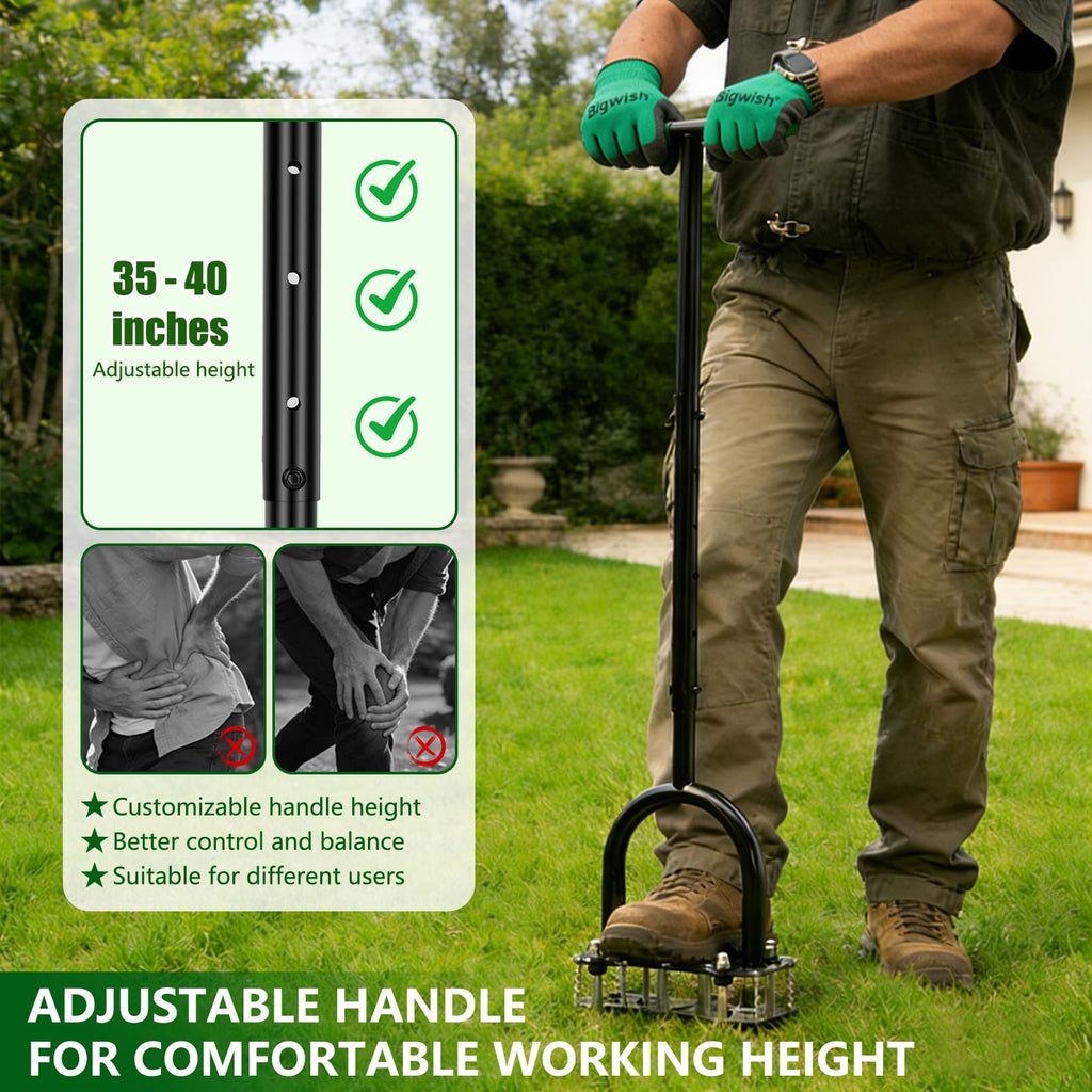 Bigwish 2-in-1 Lawn Aerator Tool with Interchangeable Spike & Plug Core Heads, Manual Lawn Aerator with Adjustable Handle, Heavy Duty Yard Aerator for Soil Loosening Lawn Care Garden Yard