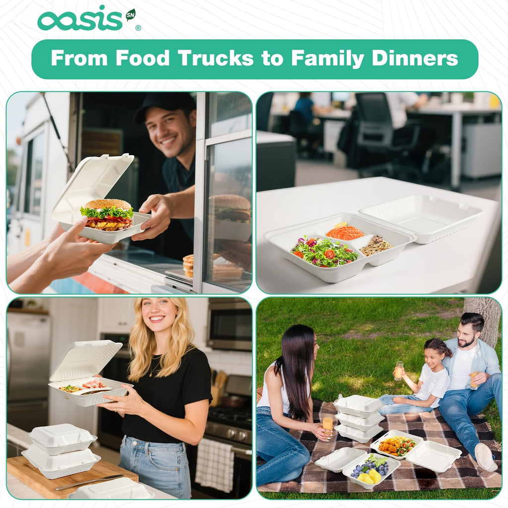 OasisSN 8×8", 68-Pack Disposable Clamshell Take Out Food Containers, Biodegradable Paper To Go Boxes for Burgers, Sandwiches, Fries & More (White)