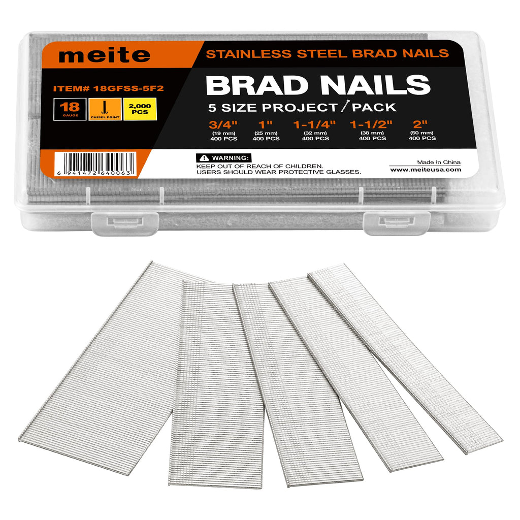 meite 18 Gauge Stainless Steel Brad Nails,3/4",1",1-1/4",1-1/2",2" 5 Boxes