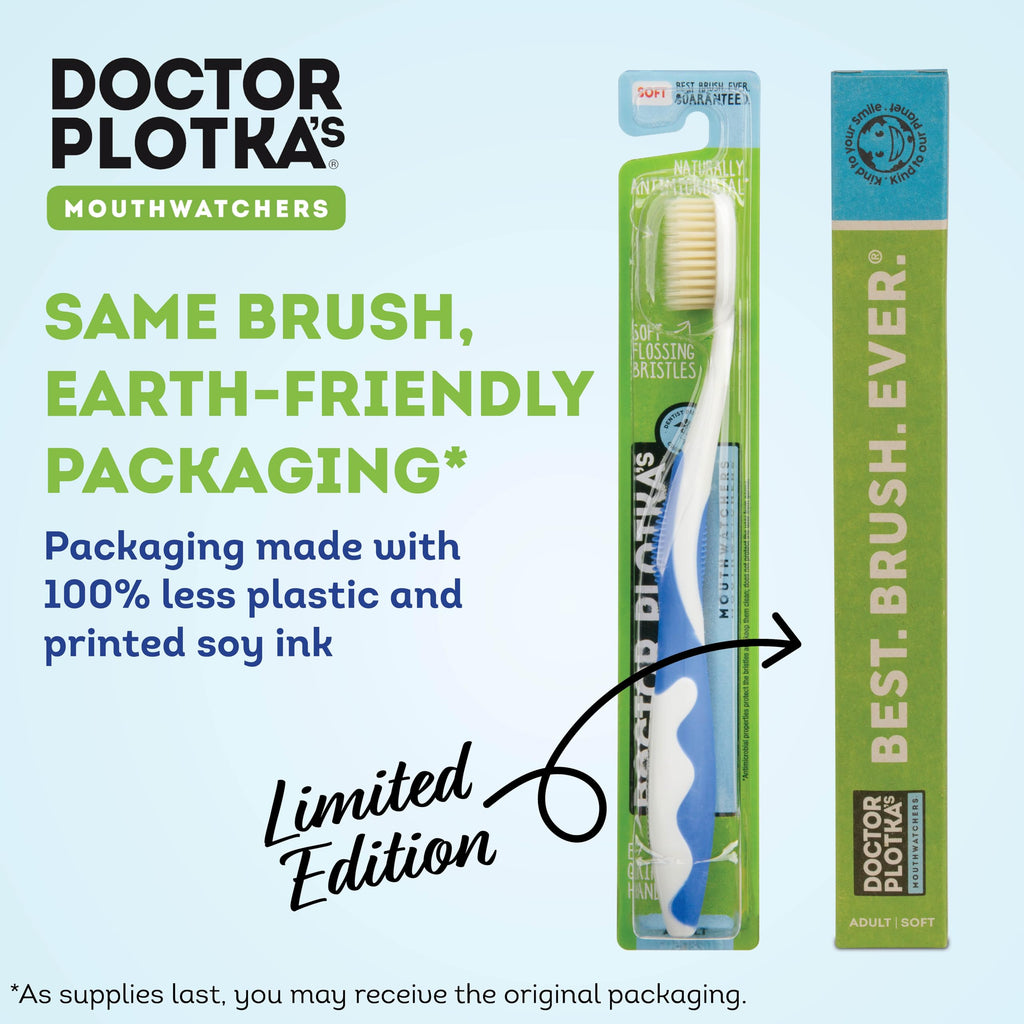 MOUTHWATCHERS Soft Flossing Manual Toothbrush for Adults, 2 Pack, Ultra Clean, Good for Sensitive Teeth and Gums, By Dr. Plotka's, Colors May Vary