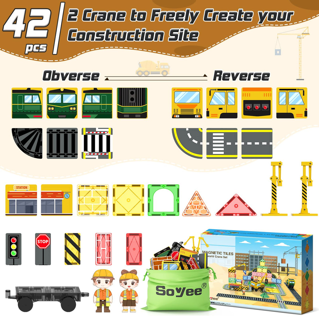 Magnetic Tiles Magnetic Construction Set with 2 Cranes Boys Toys for Ages 3-5 5-7 8-10 Building Toys Includes Crane, Road Tracks, Train, Train Tracks, Dolls, Car Toy, Traffic Lights and Stations