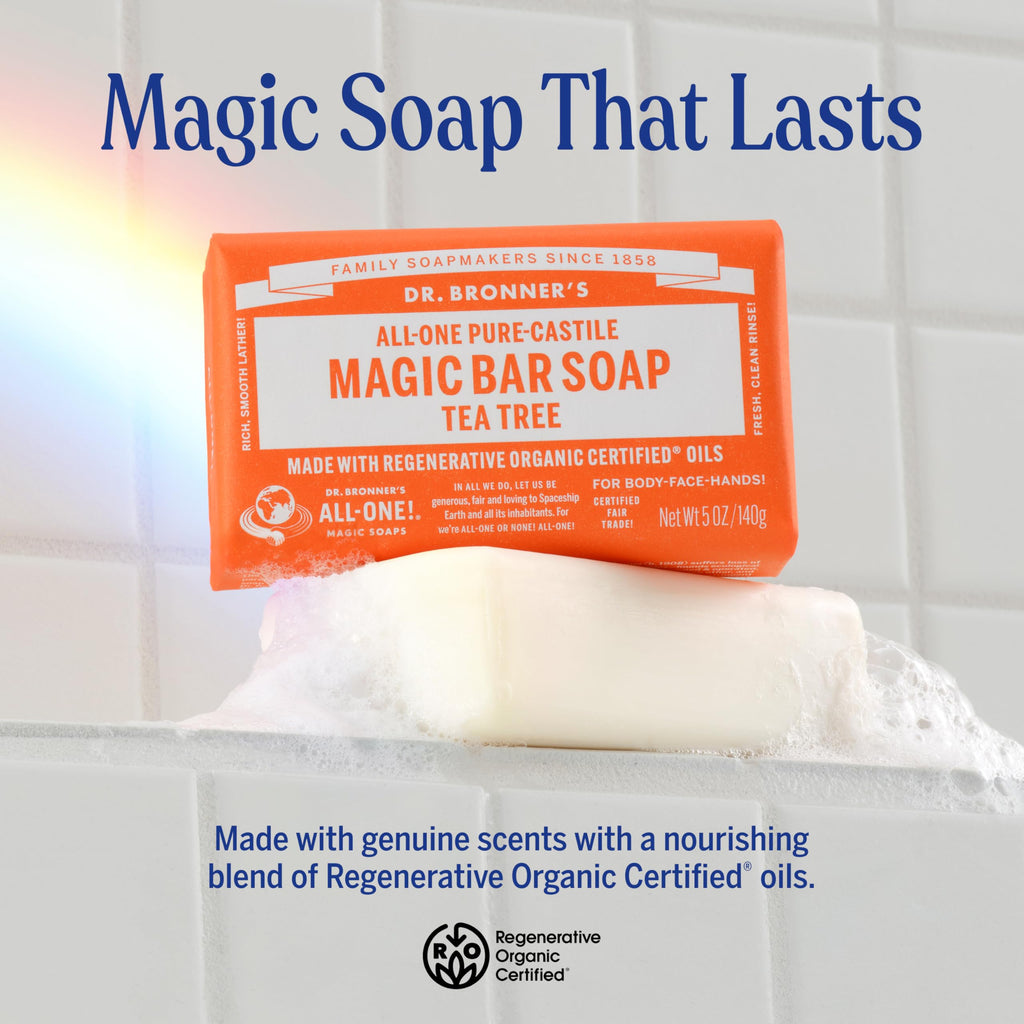 Dr. Bronner's Pure-Castile Magic Bar Soap (Tea Tree, 5 ounce, 6-Pack) - Made with Regenerative Organic Certified Oils, For Face, Body & Hair, Gentle, Vegan, Non-GMO