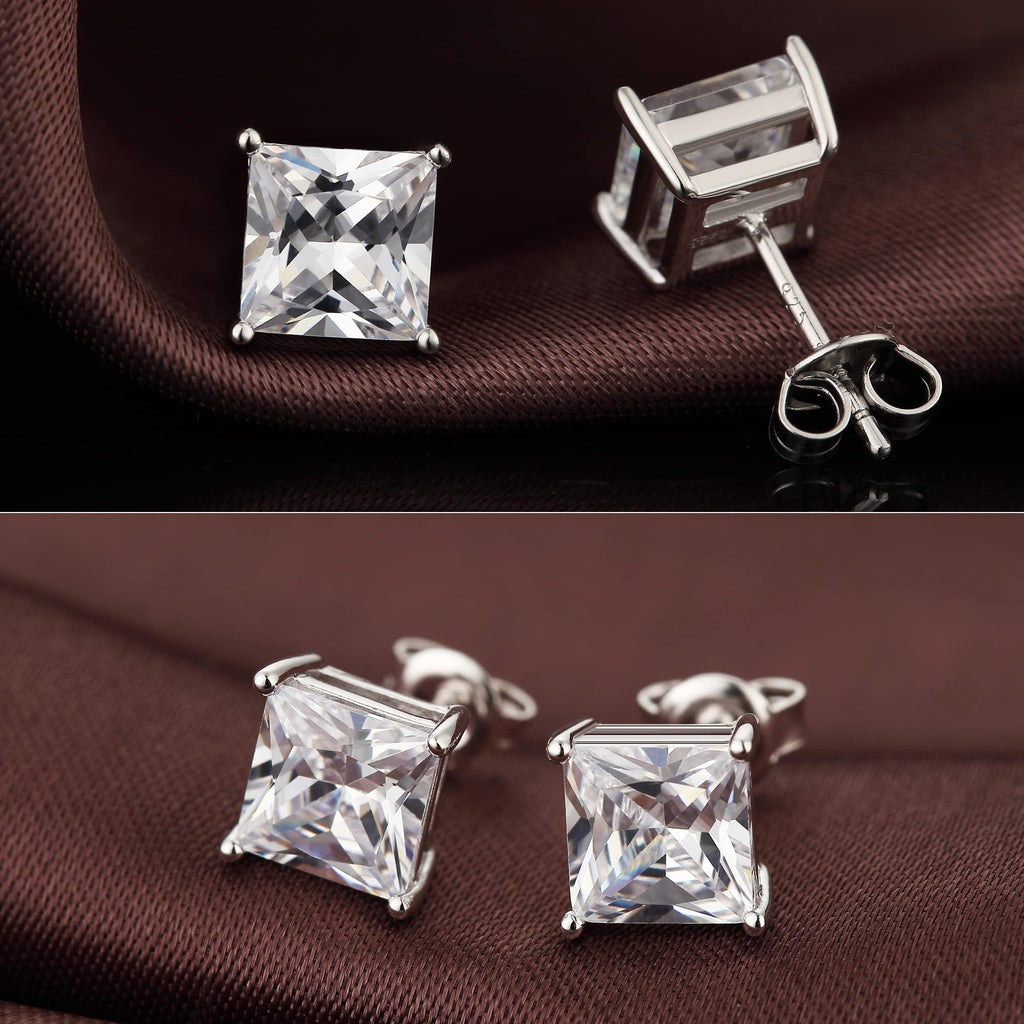 18K White Plated Sterling Silver Princess Cut Cubic Zirconia Stud Earrings Square Simulated Diamond CZ Stud Earrings for Women Men Hypoallergenic 6mm
