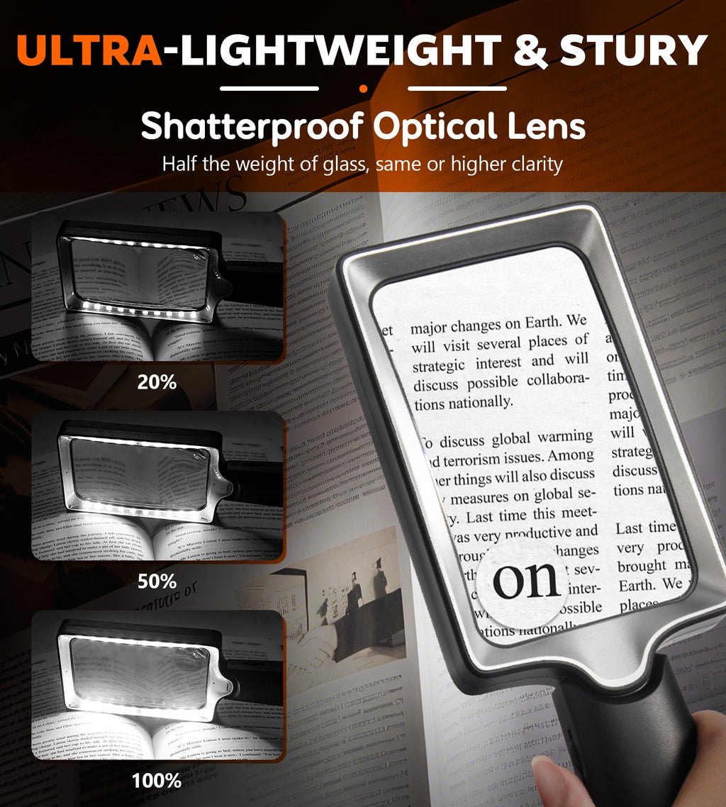 Magnifying Glass with Light, 20 LED Large Handheld Lighted Magnifier Rectangle Illuminated Magnifying Glass for Seniors Reading, Low Vision, Close Work & Inspection
