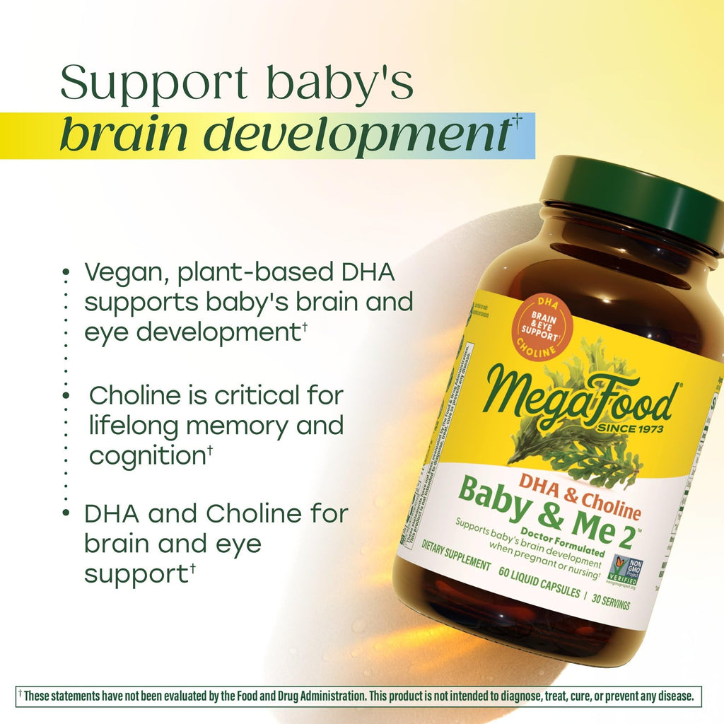 MegaFood Baby & Me 2 Prenatal Vitamins for Women, DHA & Choline Supplements, Liquid DHA and Choline for Baby's Brain and Eye Development During Pregnancy, Vegan, 60 Capsules (30 Servings)