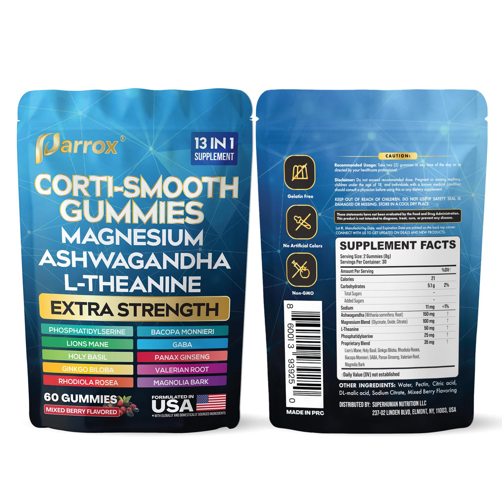 Parrox Corti-Smooth Cortisol Support Gummies with Magnesium, L-Theanine, Ashwagandha, Phosphatidylserine, Bacopa Monnieri, Lions Mane, Ginkgo Biloba, Valerian Root (60 Gummies - Mixed Berry Flavor)