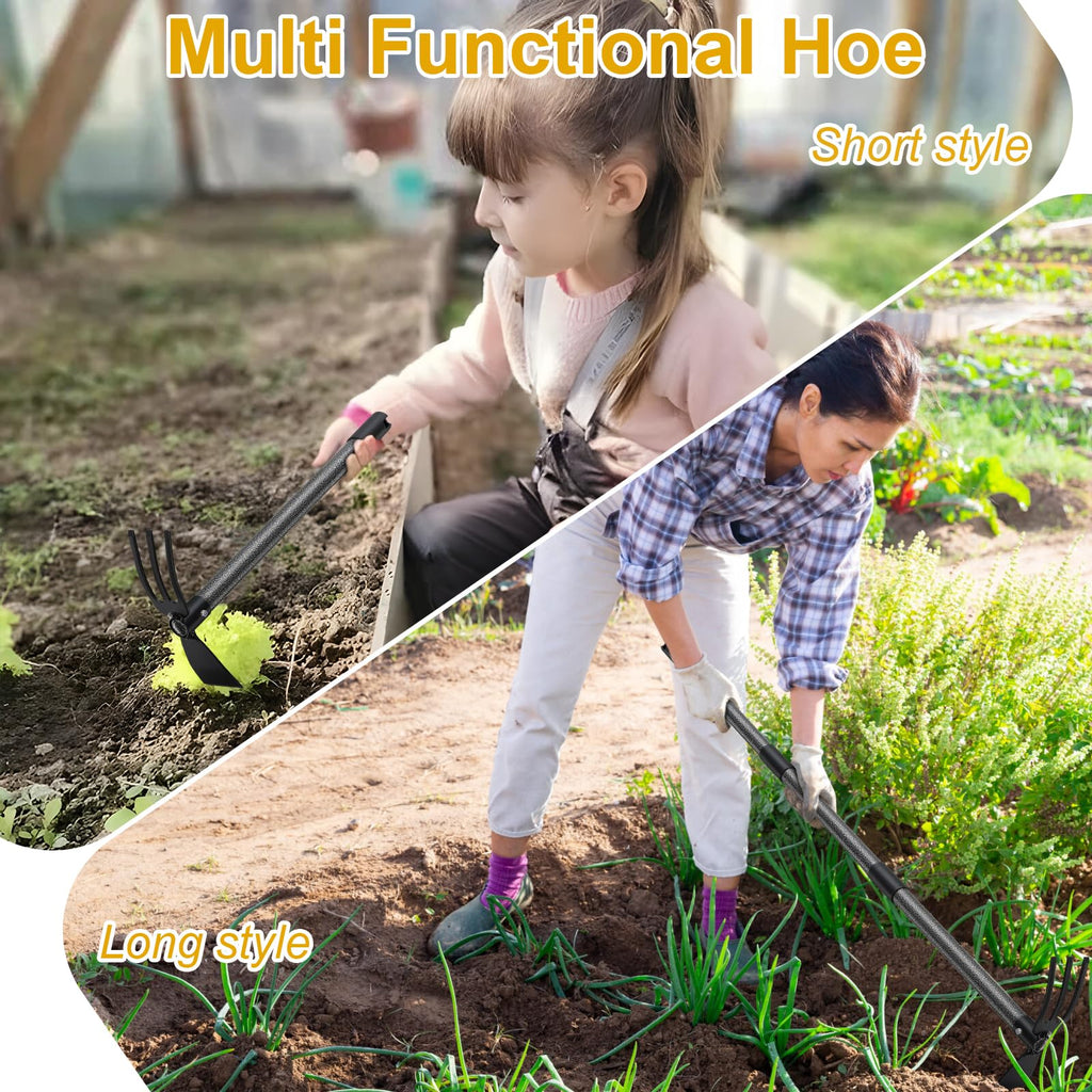 Hoe and Cultivator - 60” Long Handle - Heavy Duty Garden Hoe Tiller, Standing Hoe Garden Tools Durable Cultivator Hoes Hand Rake Fork for Gardening Weeding Planting Loosening Soil