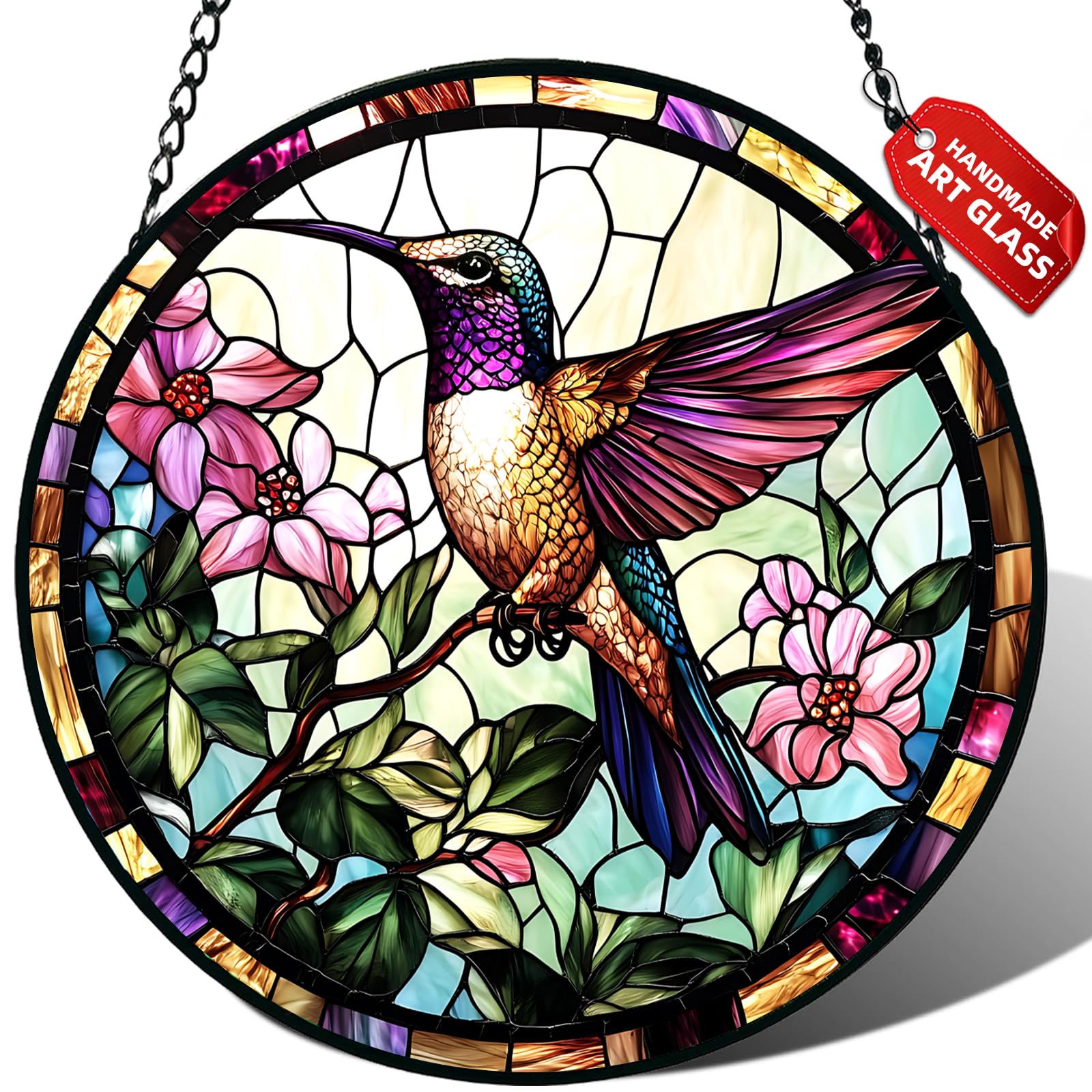 Hummingbird Stained Glass Suncatcher Window Hanging Flowers Gifts for Mom