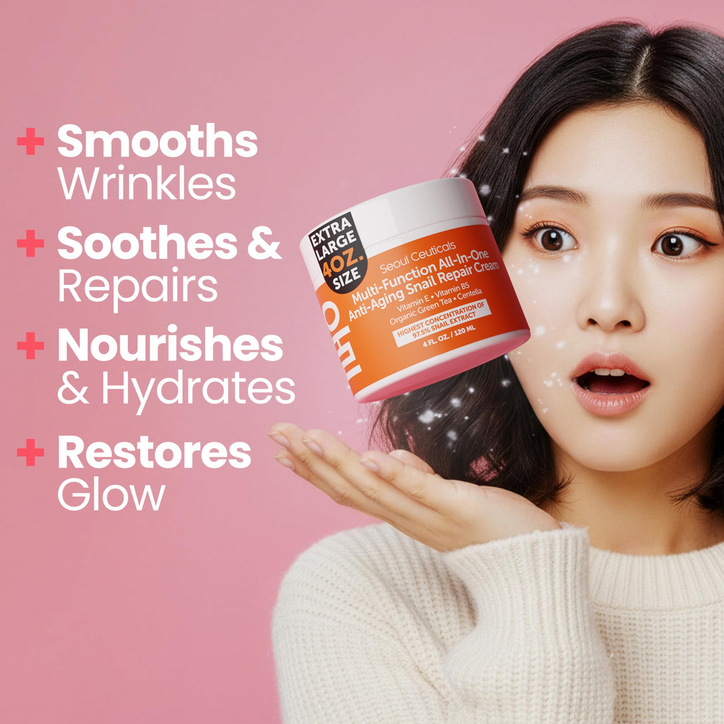 SeoulCeuticals Large 4oz 97.5% Snail Mucin Moisturizer Cream Korean Skin Care Day & Night Snail Repair for Face - K Beauty Anti Aging Facial Skincare