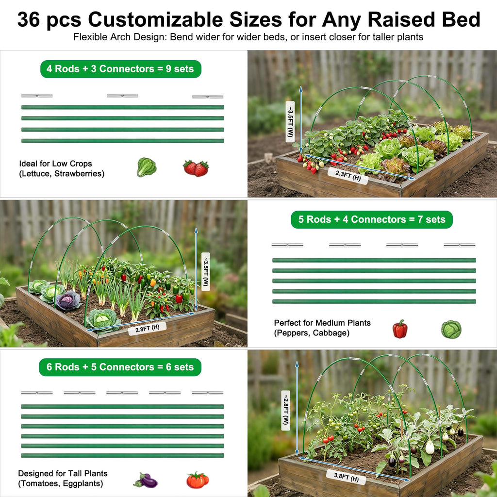 Garden Hoops for Raised Beds, Splinter-Free Fiberglass Greenhouse Hoops Grow Tunnel, 36 Pcs Adjustable Frame for Row Cover & Bird Netting, Rust-Proof DIY Outdoor Plant Stakes