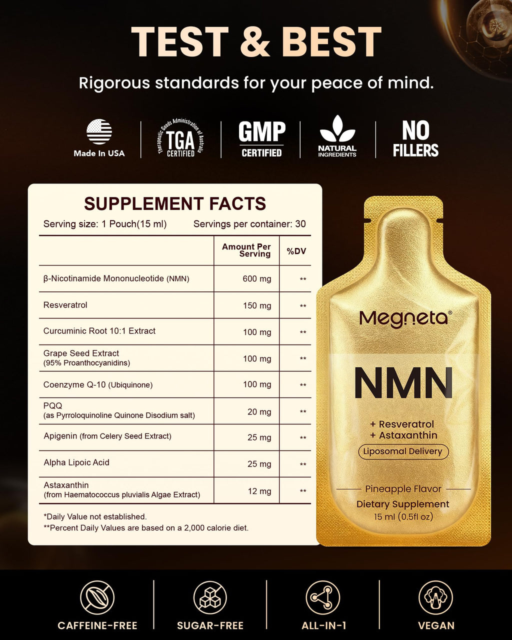 MEGNETA NMN 600mg Liposomal Liquid Pouches with Resveratrol 150mg, PQQ, CoQ10 & Astaxanthin-High Absorption NAD+ Supplement for Cellular Energy, Healthy Aging & Longevity - Vegan - 30 Servings