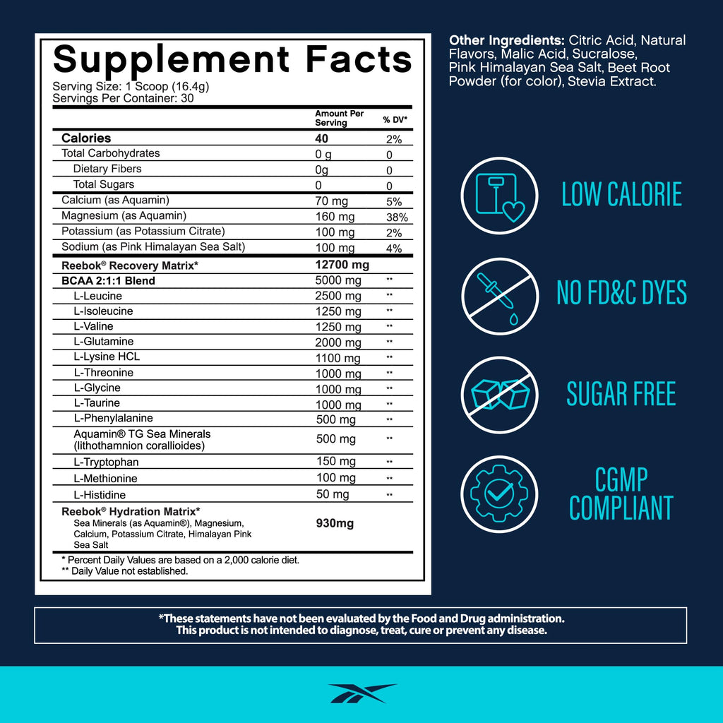 Reebok REEcover Amino Acids + Electrolytes | 8g EAAs, 5g BCAAs, Hydration Matrix | Muscle Recovery, Strength | Post-Workout Support | 30 Servings | Strawberry Lemonade