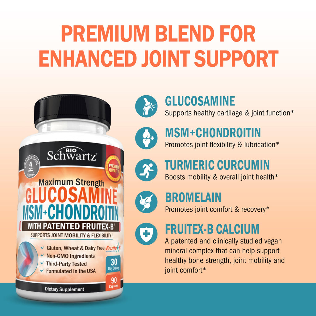 Glucosamine Chondroitin MSM Joint Support Supplement - Collagen Peptides, Turmeric and Ginger, Hyaluronic Acid, Glucosamine Chondroitin Sulfate for Joint Comfort - Gluten Free, Non GMO, 90 Capsules
