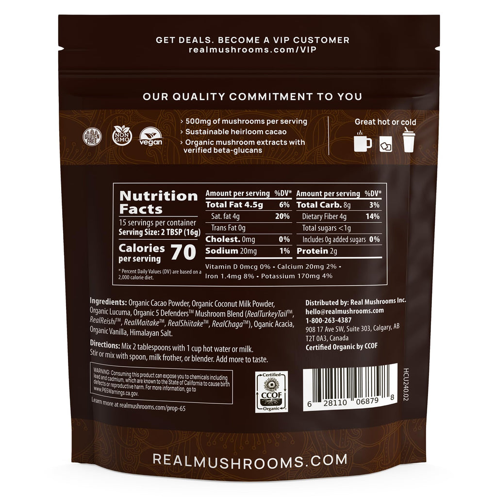 Real Mushrooms Unsweetened Hot Chocolate Mix with 5 Defenders – Reishi, Chaga, Turkey Tail, Maitake, Shiitake – Coco Powdered Unsweetened – Organic Cacao Powder Supplement, Vegan, 15 Servings
