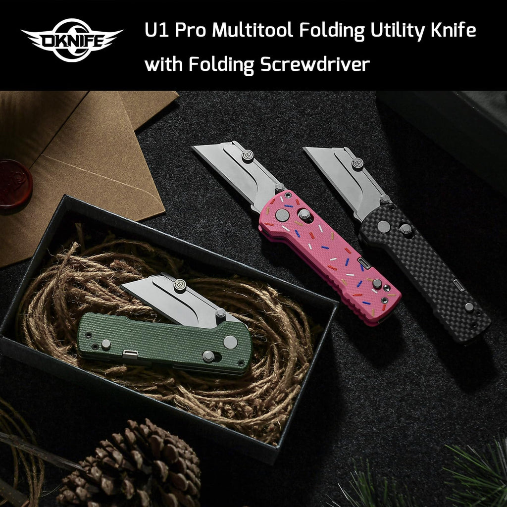 OKNIFE U1 Pro Multitool Folding Utility Knife with Folding Screwdriver, Quick Change Blade, Rail Lock & Pocket Clip for Men Women (Green Micarta)