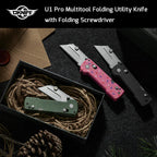 OKNIFE U1 Pro Multitool Folding Utility Knife with Folding Screwdriver, Quick Change Blade, Rail Lock & Pocket Clip for Men Women (Green Micarta)