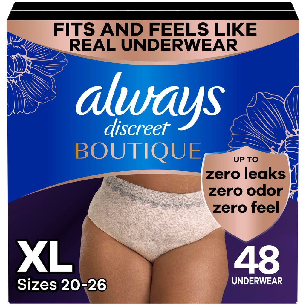Always Discreet Boutique Incontinence and Postpartum Underwear for Women, Maximum Protection, Extra Large, Rosy, 48 Count (3 Packs of 16)