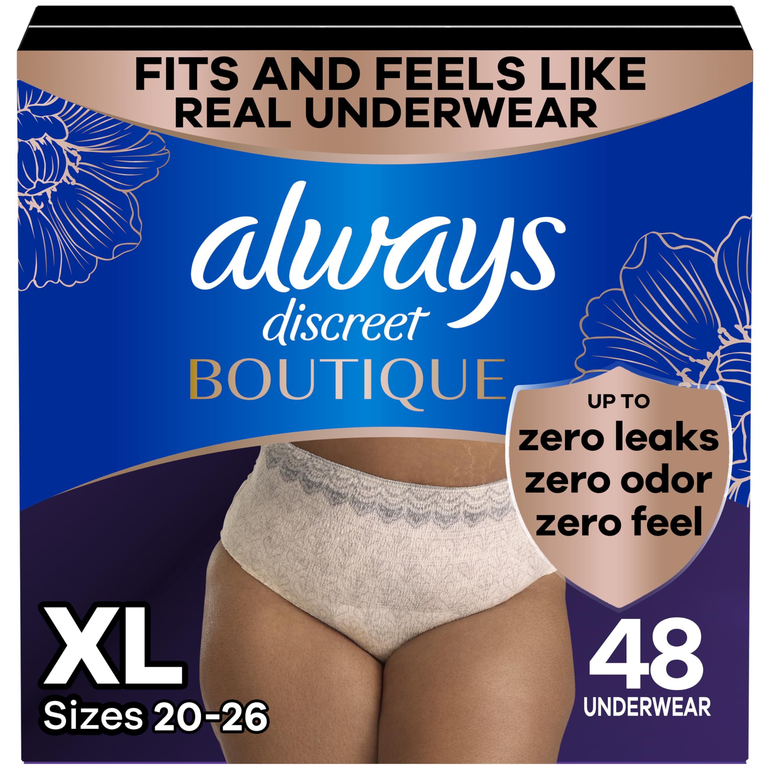 Always Discreet Boutique Incontinence and Postpartum Underwear for Women, Maximum Protection, Extra Large, Rosy, 48 Count (3 Packs of 16)