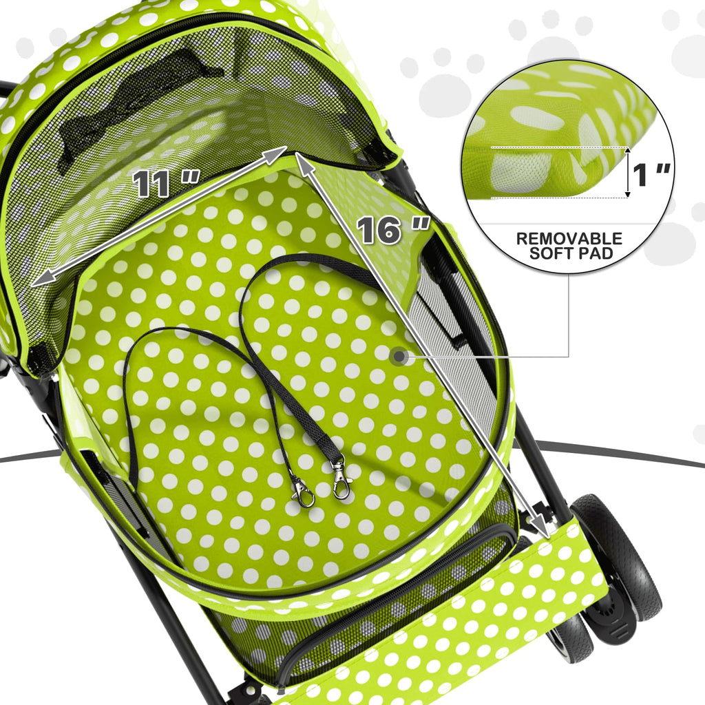 MoNiBloom 4 Wheels Pet Stroller, Easy-Fold Umbrella Shaped Dog Cat Jogger Stroller w/Storage Bag & Visible Mesh for Small/Medium Dogs Cats Lawn Green Polka Dots