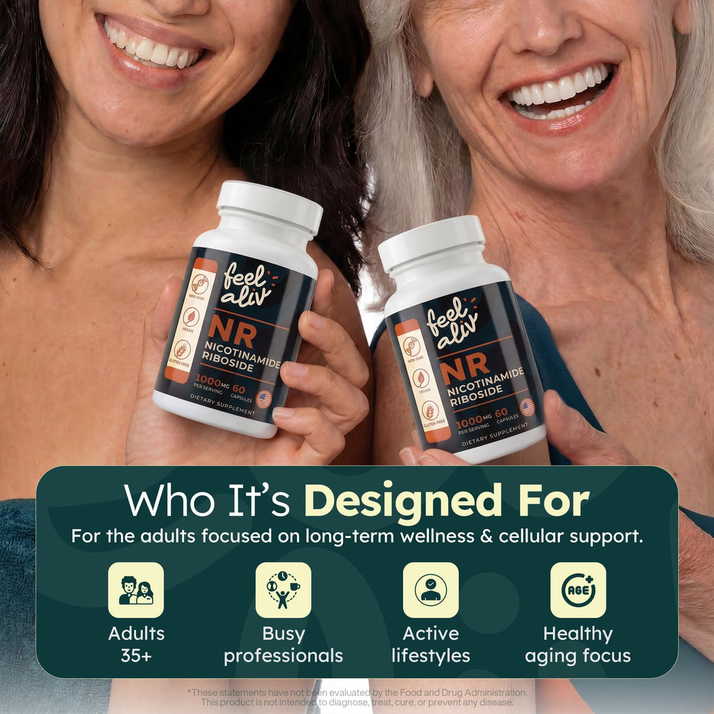 Feelaliv Nicotinamide Riboside (NR) Supplement 1000mg Per Serving | NAD+ Precursor | Cellular Energy & Cognitive Support | Single Ingredient | Clean Label | Vegan | 60 Capsules