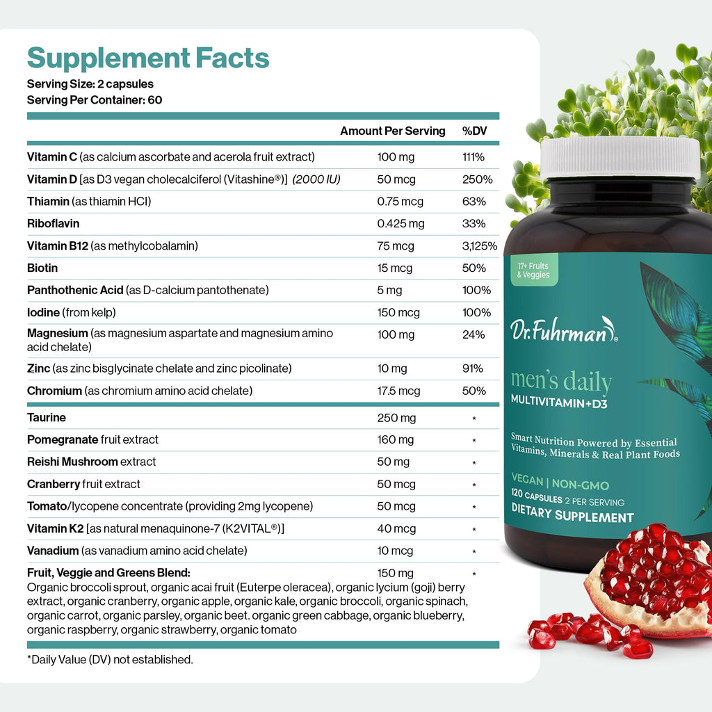 Dr. Fuhrman 2 Month Supply Multivitamin for Men + D3 Vitamin for Immune Support | Vegan Formula Womens Multivitamin with B12 & Zinc | Whole Food multivitamin with 17 Fruits & Veggies