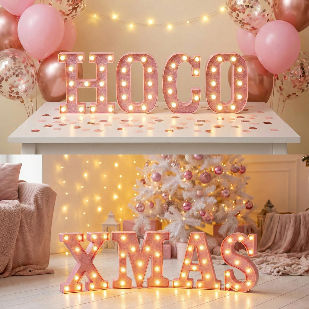 EUFONY Pink Marquee Light Up Letters, Glitter Alphabet LED Letter Lights for Pink Birthday Party Decorations, Battery Operated Letter Sign for Girls Room Vanity Table Decor, Warm White Lights Letter B