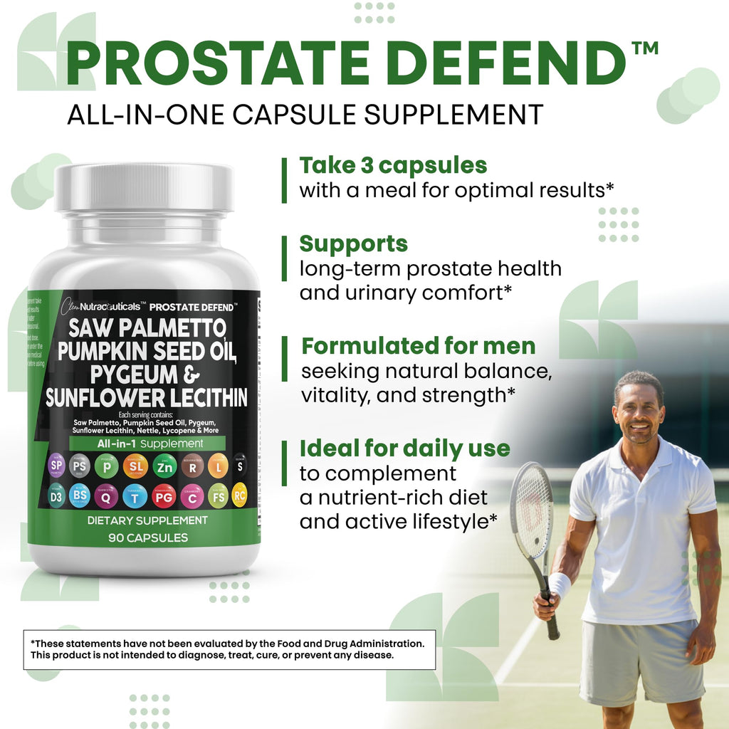 Clean Nutraceuticals Saw Palmetto Pumpkin Seed Oil Pygeum Sunflower Lecithin Stinging Nettle Cranberry - Prostate Supplements for Men with Lycopene - 90 Caps