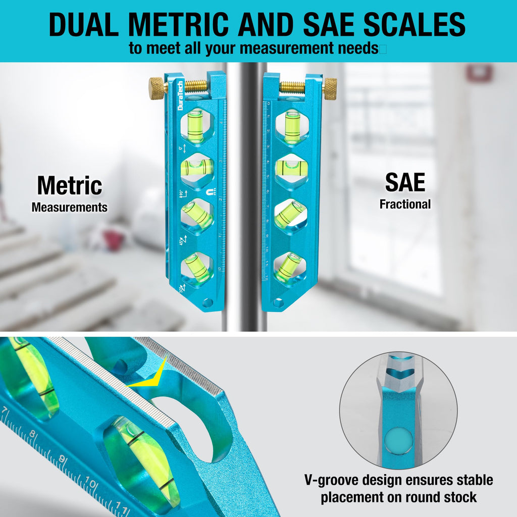 DURATECH 6.25-Inch Level, Magnetic Torpedo Level with 0°/30°/45°/90° Bubbles, V-Groove, Large Viewing Window, Aluminum Alloy Body, Hanging Hole, SAE and Metric Scale for DIY Projects and Household Use