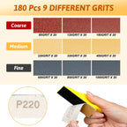 180 PCS Mini Detail Sanding Kit, 80-1000 Grit Sandpaper with Finger Sanding Blocks for Small Areas and Corners, Ideal for Woodworking, Furniture Repair, Crafts and DIY